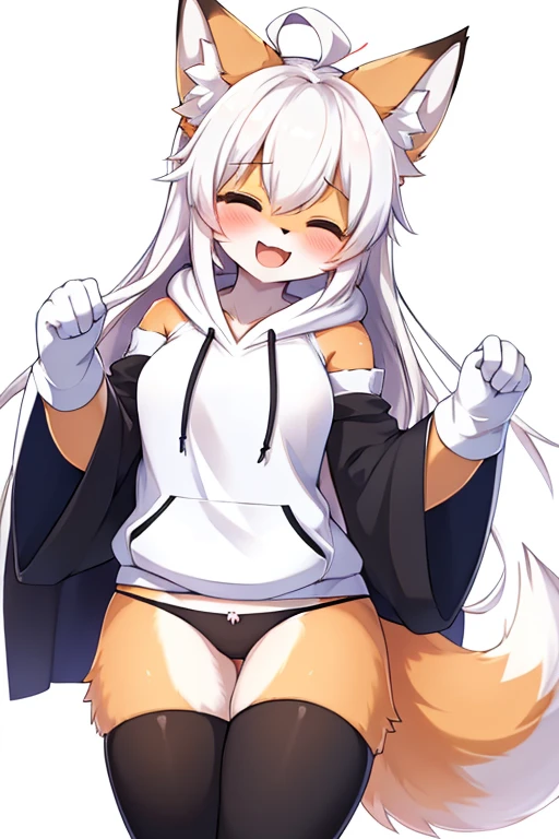 best quality, kemono, anime, female, furry, anthro, full body, solo, :d, ^_^, ahoge, animal_ear_fluff, animal_ears, bangs, bare_shoulders, blush, closed_eyes, detached_sleeves, fox_ears, fox_girl, fox_tail, gloves, hair_between_eyes, hood, hoodie, long_hair, open_mouth, simple_background, smile, solo, swaying, tail, upper_body, virtual_youtuber, white_background, white_hair, white_hoodie, white_sleeves, black_panties, panties