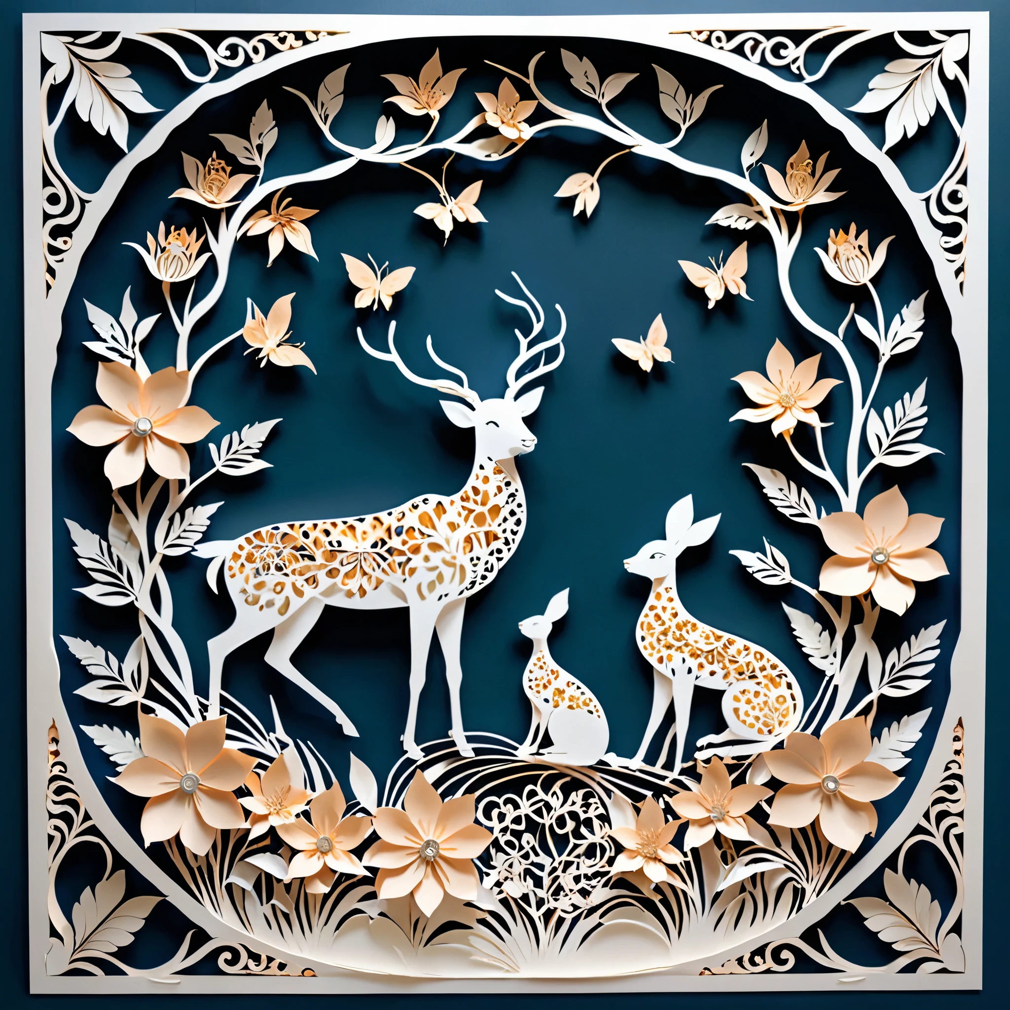 Create a detailed paper cutout artwork depicting a scene that combines intricate patterns with various flowers. The scene should include a harmonious blend of elaborate, decorative patterns interwoven with different types of flowers such as roses, lilies, and cherry blossoms. The patterns should enhance and complement the shapes and colors of the flowers, creating a seamless integration between the floral elements and the abstract designs. The artwork should evoke a sense of beauty and intricacy, highlighting the elegance and charm of both the patterns and the flowers. The overall mood should be artistic and enchanting, capturing the delicate beauty of nature through detailed design.