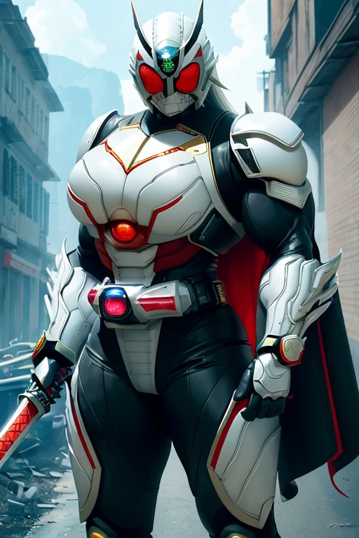 ((((Massive, beautiful, buff, muscular light brown skinned female kamen rider with white hair, black lipstick, ginormous bulky muscles, carrying a fire sword katana and wearing a gleaming white kamen rider armored suit with pants)))), {close view}, black eyeliner, massive muscles, large breast, massive biceps, hyper muscle triceps, (long straight hair), blue eyes, kamen rider boots, (In a dilapidated city), (kamen rider armor), (cape) nighttime, closed smile, hyper muscles arms, hyper muscle legs, ginormous arms