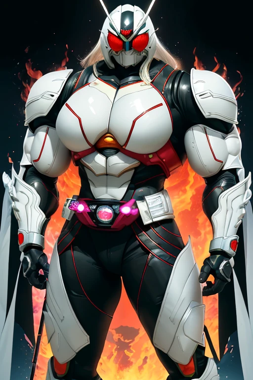 ((((Massive, beautiful, buff, muscular light brown skinned female kamen rider with white hair, black lipstick, ginormous bulky muscles, carrying a fire sword katana and wearing a gleaming white kamen rider armored suit with pants)))), {close view}, black eyeliner, massive muscles, large breast, massive biceps, hyper muscle triceps, (long straight hair), blue eyes, kamen rider boots, (In a dilapidated city), (kamen rider armor), (cape) nighttime, closed smile, hyper muscles arms, hyper muscle legs, ginormous arms