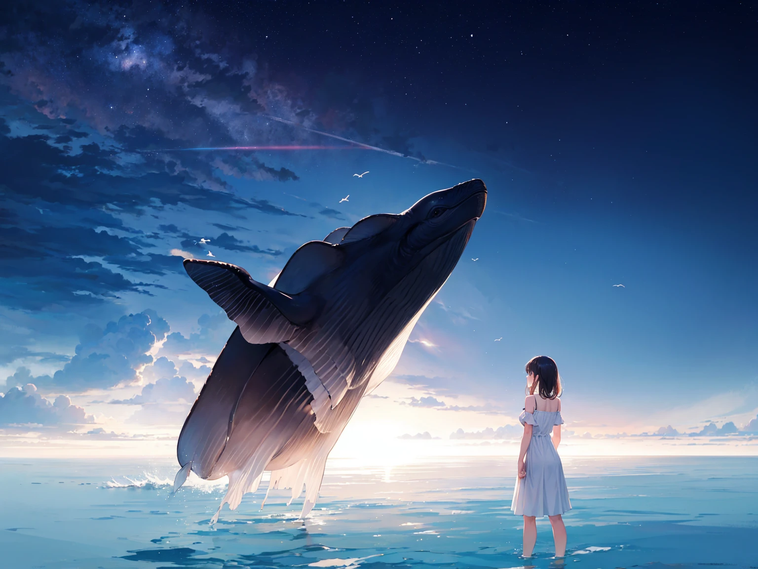 girl wearing white dress, seaside, from behind, humpback whale jumping out of the ocean, masterpiece, wallpaper