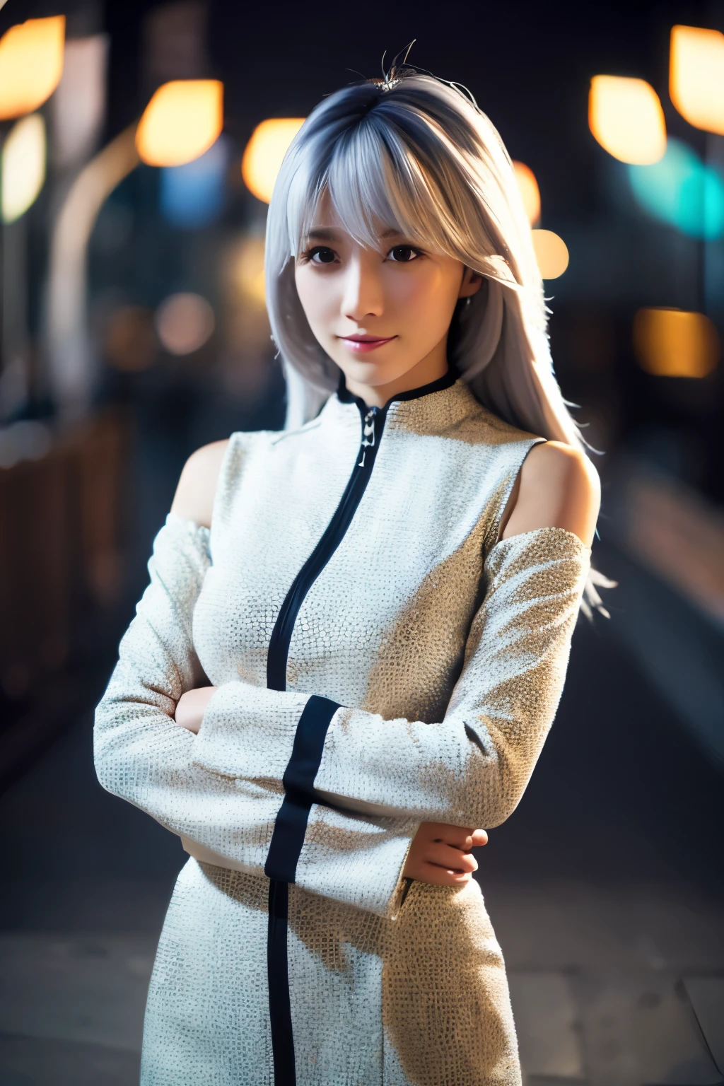 Masterpiece, high quality, high resolution, 8K, (solo:1.2), ((1girl)), Japanese woman, detailed face, detailed eyes, correct body structure, upper body, ((White hair:1.2)), very long hair, messy hair, slender body, seductive silhouette, luminous bones, depth of field, dark photo at nighttime, dimly lit, bangs, Cinematic Lighting, Tyndall effect, abstract background, futuristic outfits, vibrant colors, modern style, wide sleeves, artistic, unique patterns, colorful, stylish, trendy
