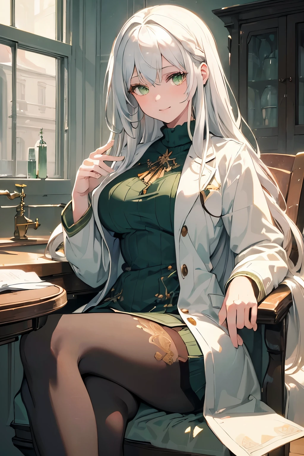 (best quality:1.3), (masterpiece:1.3), (illustration:1.3), (ultra-detailed:1.3), 1girl, ((white hair)), large breasts, ((green eyes)), light smile, coat, tall, mature, long hair, hair ornaments, indoors, pantyhose, green sweater, open white coat, open clothes, long sleeves, indoors, lab, sitting, spread legs 