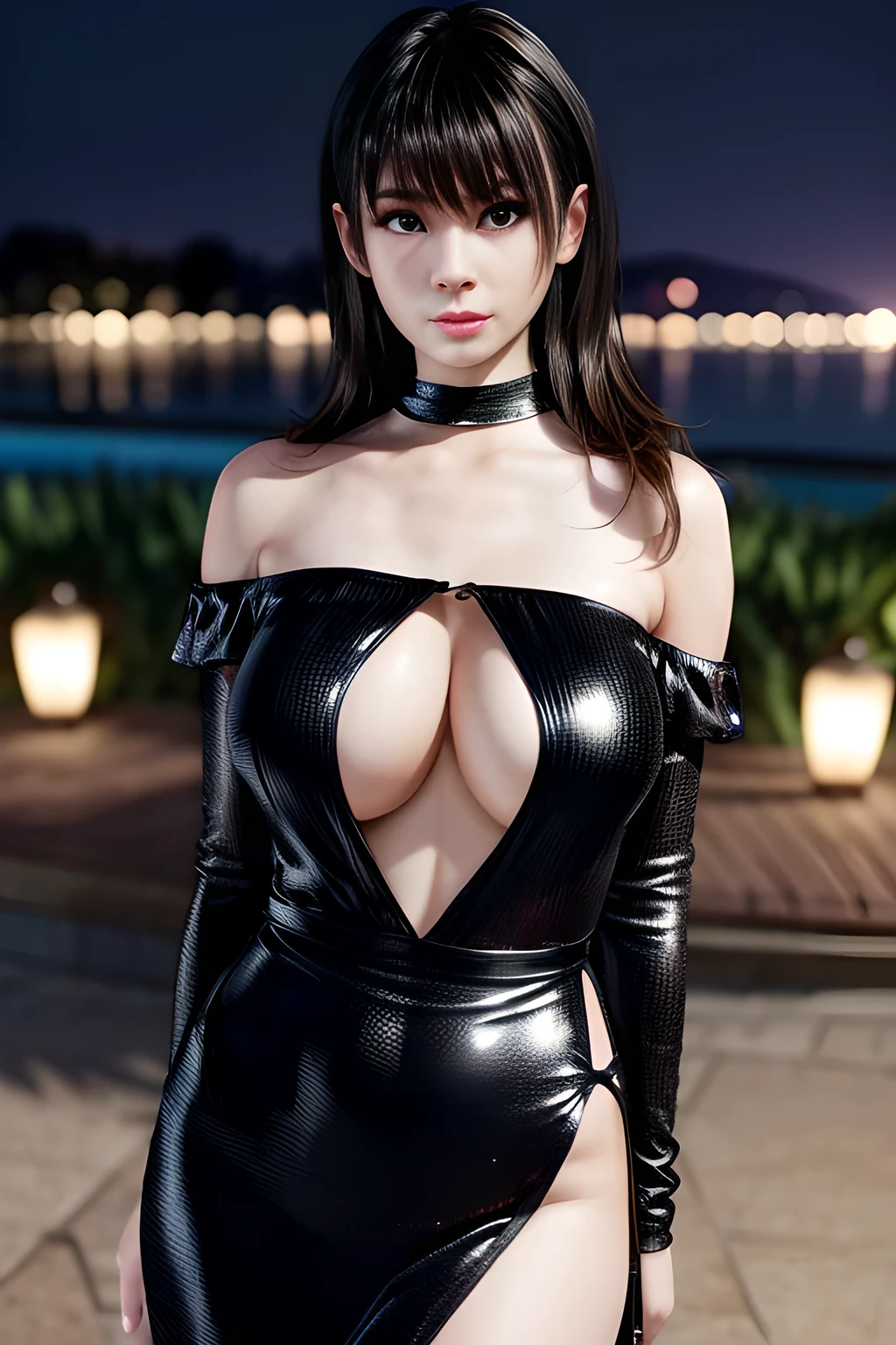 1girl,long sleeves, black dress, off shoulder, bare shoulders, long dress, see-through, tulle dress, , huge breasts, lactation, starry background, elegance, magical atmosphere, (soft lighting:1.5), serene, graceful, beautiful detailed eyes, beautiful detailed lips, extremely detailed face, long eyelashes, (best quality, 4k, 8k, highres, masterpiece:1.2), ultra-detailed, (realistic, photorealistic, photo-realistic:1.37), vibrant colors, focus on thighs and above,Nanami