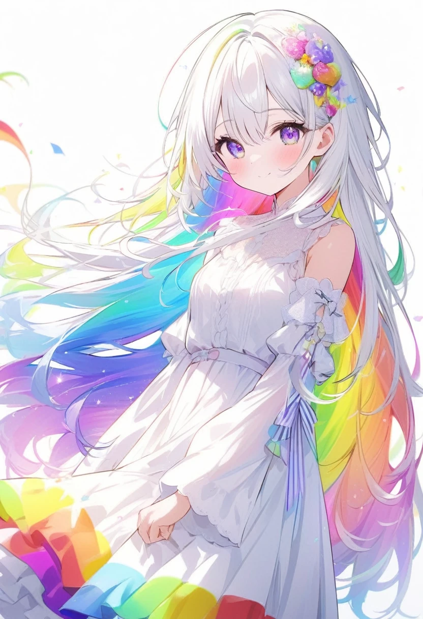 Rainbow colors、Bright colors、Colorful、mysterious、mysteriousな色、White Hair、Bright white hair、White Hairの毛、Rainbow colorsの髪、Long Hair、beautiful、Rainbow colorsの目、Bright colorsの目、Colorfulな目、beautifulな目、White background、White Background、child、Rainbow colors、White clothing、Can be various colors、Mr.々The image of having the ability to become a、っぽい、Smile a little、Smiling a little