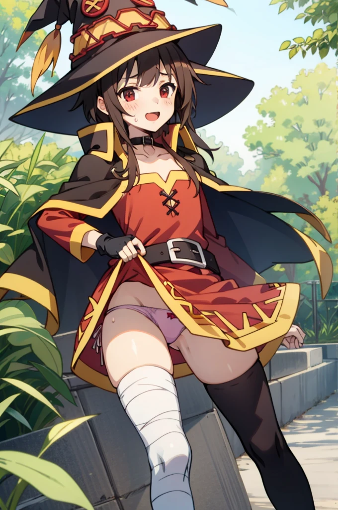 EFT_Konsuba_Megumi, 1girl, megumin, witch hat, hat, solo, red eyes, thighhighs, cape, single thighhigh, dress, belt, bandages, black thighhighs, short hair, red dress, looking at viewer, fingerless gloves, black hair, bandaged leg, collar, gloves, short hair with long locks, , asymmetrical legwear, brown hair,, choker, mismatched legwear, collarbone,(((lift skirt,panties))),blush,sweating,open mouth,smile,nature
