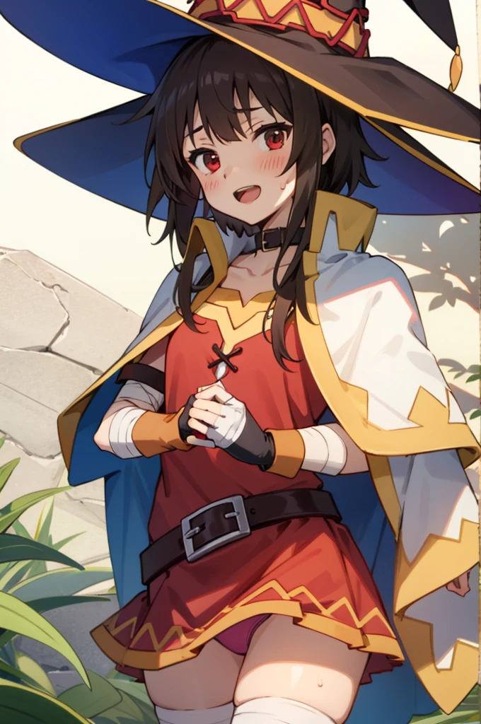EFT_Konsuba_Megumi, 1girl, megumin, witch hat, hat, solo, red eyes, thighhighs, cape, single thighhigh, dress, belt, bandages, black thighhighs, short hair, red dress, looking at viewer, fingerless gloves, black hair, bandaged leg, collar, gloves, short hair with long locks, , asymmetrical legwear, brown hair,, choker, mismatched legwear, collarbone,(((lift skirt,panties))),blush,sweating,open mouth,smile,nature