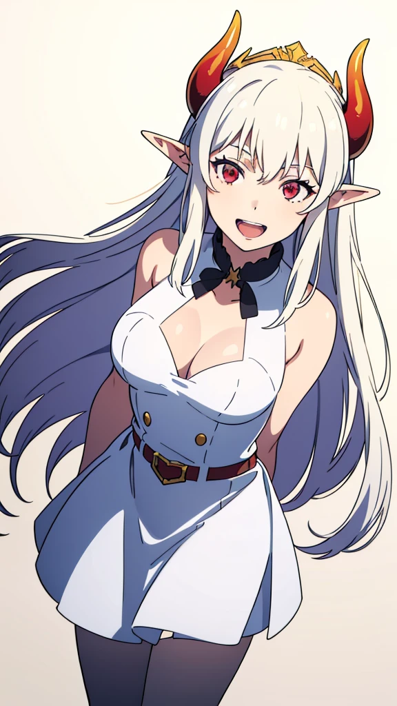 1girl,20s,solo,white short dress,white hair,long hair,elf ears,horns,white pantyhose,cleavage,red eyes,gold tiara,((no background)),talking,happy,smile,open mouth,profile,hand_on_own_cheek,looking to side,head up