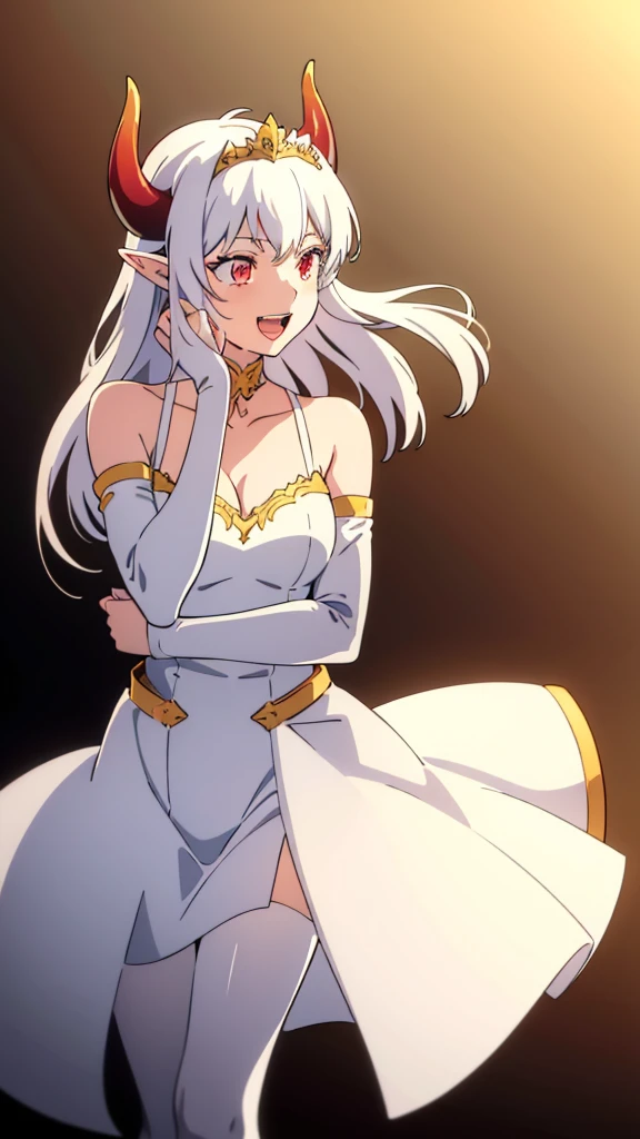 1girl,20s,solo,white short dress,white hair,long hair,elf ears,horns,white pantyhose,cleavage,red eyes,gold tiara,((no background)),talking,happy,smile,open mouth,profile,hand_on_own_cheek,looking to side,head up