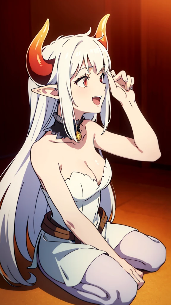 1girl,20s,solo,white short dress,white hair,long hair,elf ears,horns,white pantyhose,cleavage,red eyes,gold tiara,((no background)),talking,happy,smile,open mouth,profile,hand_on_own_cheek,looking to side,head up