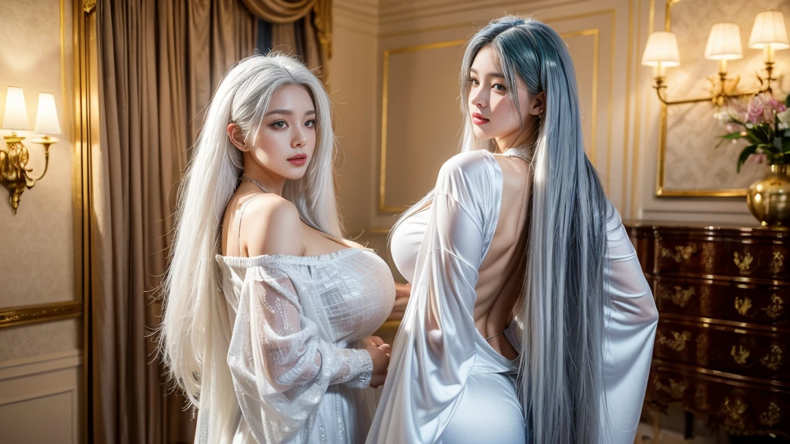 background in luxury room, looking at the audience, depth of field, bokeh, falling light, ((MILF)) 1girl wearing nightwear, black pajamas, big breasts, blue eyes, (white long hair, white hair, very straight hair: 1.4, hime cut: 1.4), gold bracelet earring necklace, frown, photography, masterpiece, best quality, HDR, high resolution, realistic details, glowing skin, mature figure, voluptuous body, voluptuous breasts, perfect body, wide hips, colorful, looking at the viewer, Hyperrealistic, from the front, watercolor, traditional media, (chromatic aberrations, intricate details), dynamic poses, dynamic angles, 40K, HDR, high resolution, ((cowboy shot from behind))