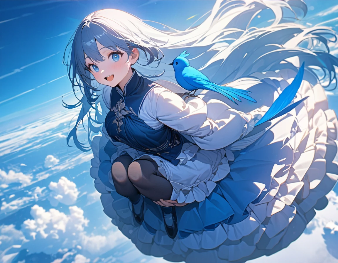 (8K, best quality, master piece: 1.2), super high resolution,1girl,yo,sole,the girl is walking in the air straddling and riding on a large blue bird,ultra-detailed face,beautiful detailed eyes, luscious eyes,extra long hair,straight hair,blue hair,smile,open mouth,Wearing floral pattern blue ruffle dress,((The blue bird is big and graceful and carrying a dwarf girl on its back)),above the sky,crepuscular rays,Blue sky,aerial shot