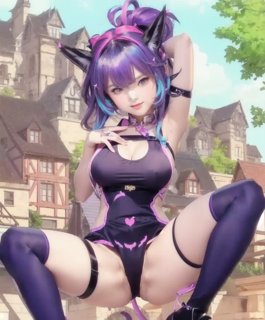 Cartoon image of woman in purple dress standing in front of building, attractive young cat, (NRF) safe for work, very beautiful anime young cat, young cat, Cute mini style furry woman, beautiful Anime Cat Girl, NRF version, A succubus in a short, tight dress., Anime Cat Girl, Charming anime girl, cute Anime Cat Girl, big breasts, realistically, girl