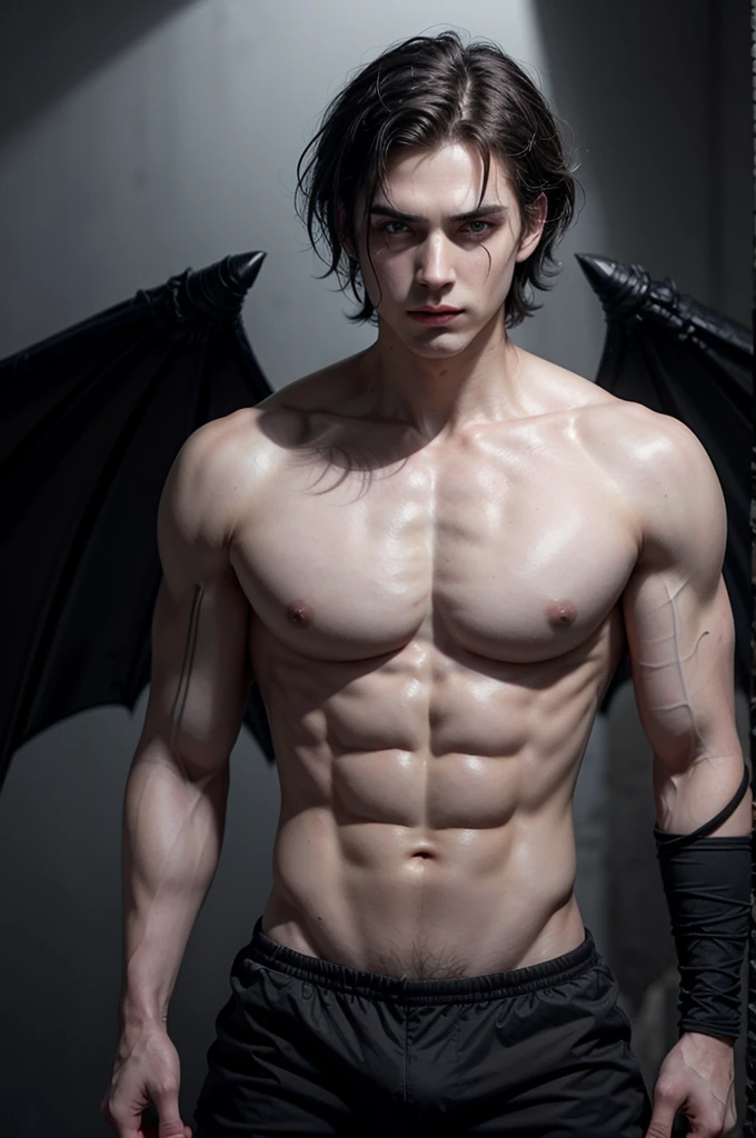 Photo-realistic, ((best quality)), ((masterpiece)), (detailed), short wavy hair, perfect face, the devil, masculine portrait of the devil, personification of The Devil, (evil look), super pale skin, (massive huge majestic black dragon wings:1.3), black wings, demon wings, devil wings, 2 wings, 18-year-old, super male model, handsome, tall, cute looking, evil look, dark look powerful, young male model, handsome mythical creature, super strong, muscular, fit, massive muscles, six pack, clean shave, blue eyes, white skin, pale skin, super pale skin, white pale skin, albino skin, wavy messy brown hair, short messy hair, messy wavy hair, (shirtless:1.5), bare-chested, muscle, ripped, strong body, fit body, pantless, fully naked, nude, naked, nsfw, 1 perfect penis, 1 amazing penis, 1 nice penis, 1 beautiful penis, 1 amazing penis, 1 good penis, 1 male penis, perfect gland, nice gland, amazing gland, perfect scrotum, amazing scrotum, nice scrotum, great scrotum, male scrotum, male genitalia, male structure,, Dark background 8k, high detailed, ultra-detailed, Stylish Pose, mist, fog, mysterious, (Dark background:1.6), (dark cinematic:1.5), (backlight) (ruins Gothic cathedral:1.2), ruins, , low flooded