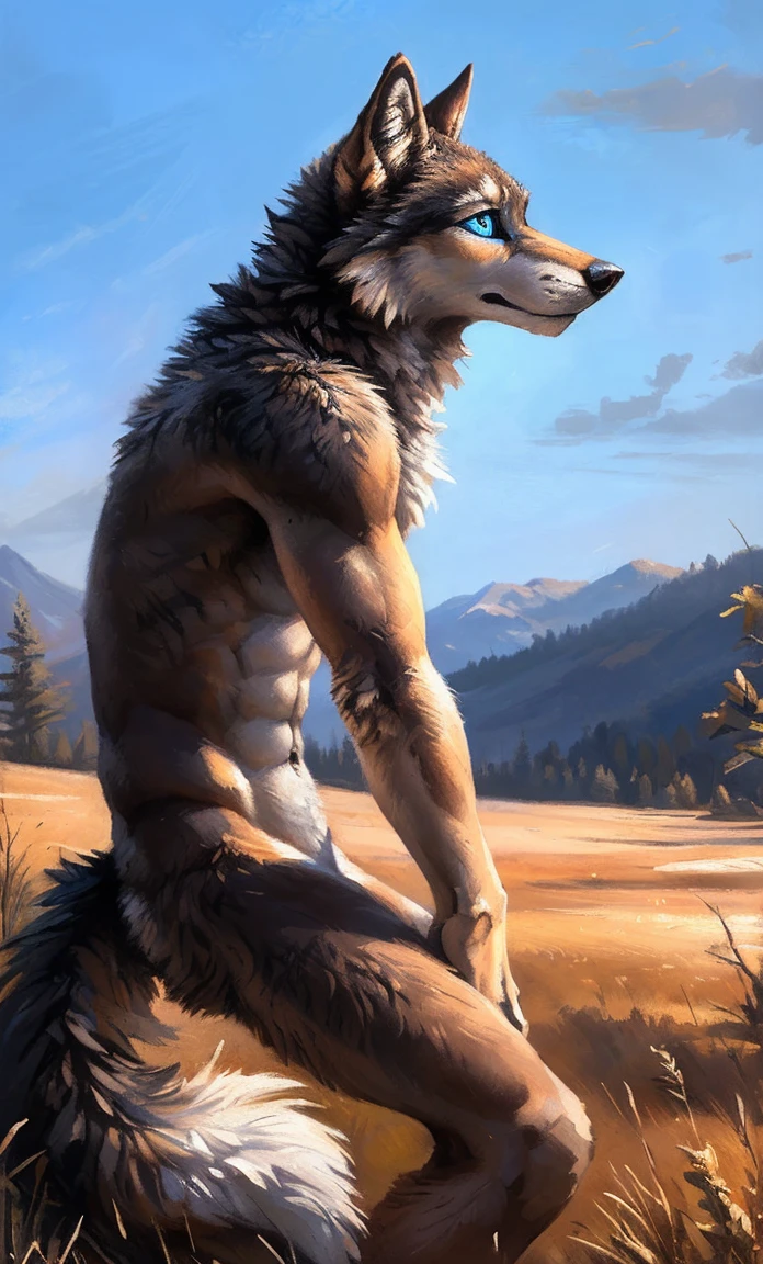 ((Solo)), male people, anthro wolf, (Multi-colored fur, White-brown:1.3，White tail pointed), (Height 2.1m,Tail length 1.5m), ((Wolf face, Big eyes, White eyelids, Blue pupil, Slim:1.2) (Tough, Calm expression:1.2)), Abs, Slim, pinging)), (Correct anatomy), Naked all over the body,A long big tail，Feet，(Realistic fur, Detailed fur texture, labeled:1.3)), (Natural lighting), Photorealistic, Hyperrealistic, ultradetailed, by Kenket，Snowfield，No artifacts, Running on