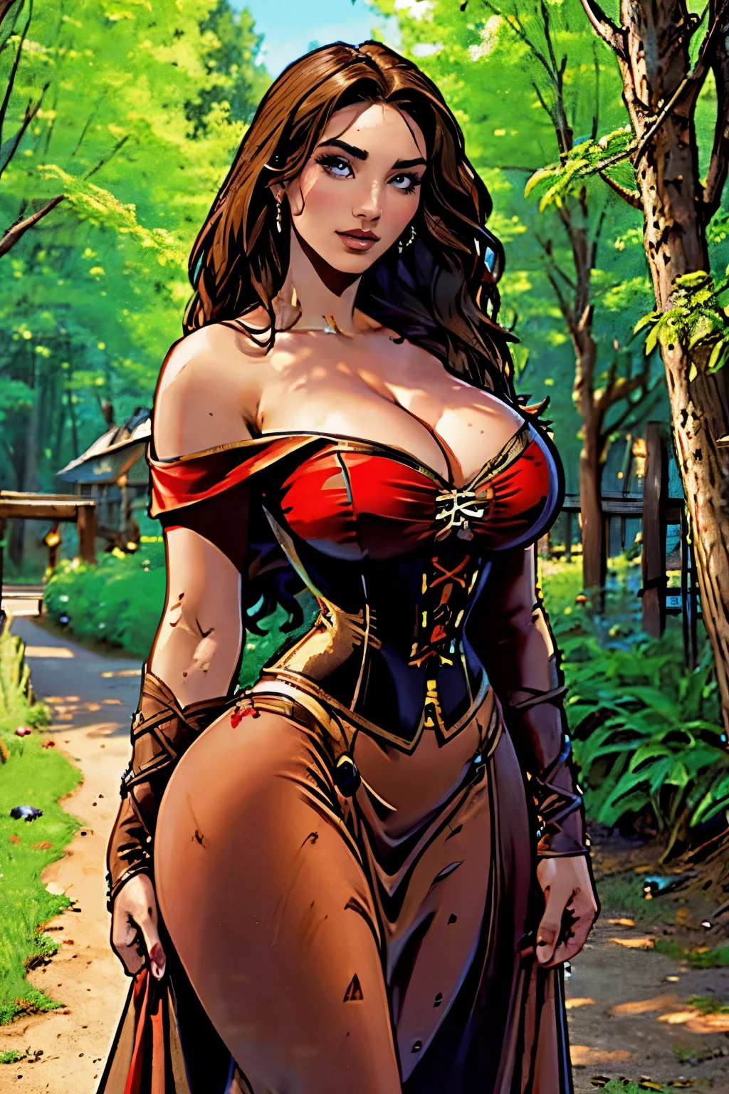 Gorgeous and sultry busty athletic (happy) brunette with sharp facial features, long hair, large breasts wearing a renaissance dress, off-shoulder, corset, red dress, In a renaissance fair, medieval village, forest.