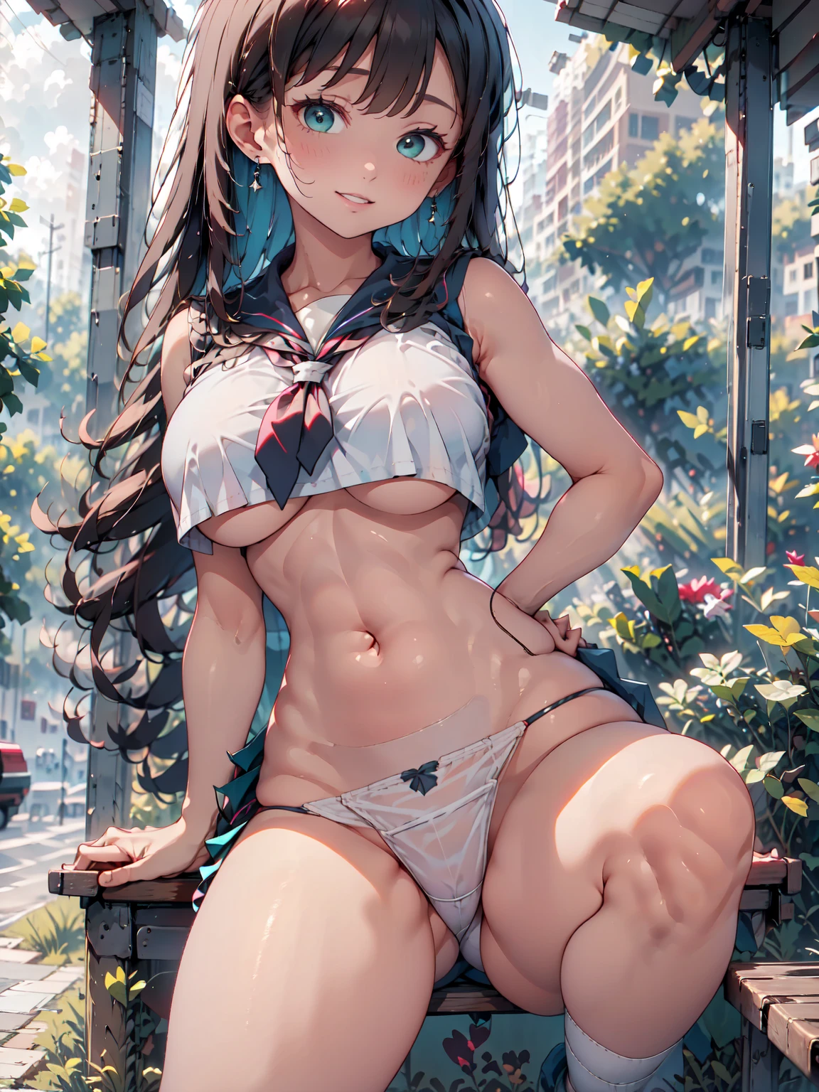 1 lady, HD quality, anime, solo full body shot, beautiful detailed face, (sitting with hands back:1.3), (open legs to limit:1.3), (with one knee up:1.3), (showing  pubic area:1.6), (under boob:1.5), (Large breasts), (cleavage), shiny skin, (oiled skin:1.5), smiling, (thin thighs:1.8), (Sailor uniform only for the upper body:1.5), (Crop Top sheer  white shirt:1.5), (sleeveless:1.6), without brassiere, (sheer white tiny micro thong:1.5), poolside, (Green detailed eyes), blue sailor collar, high-heeled shoes, red ribbon tie