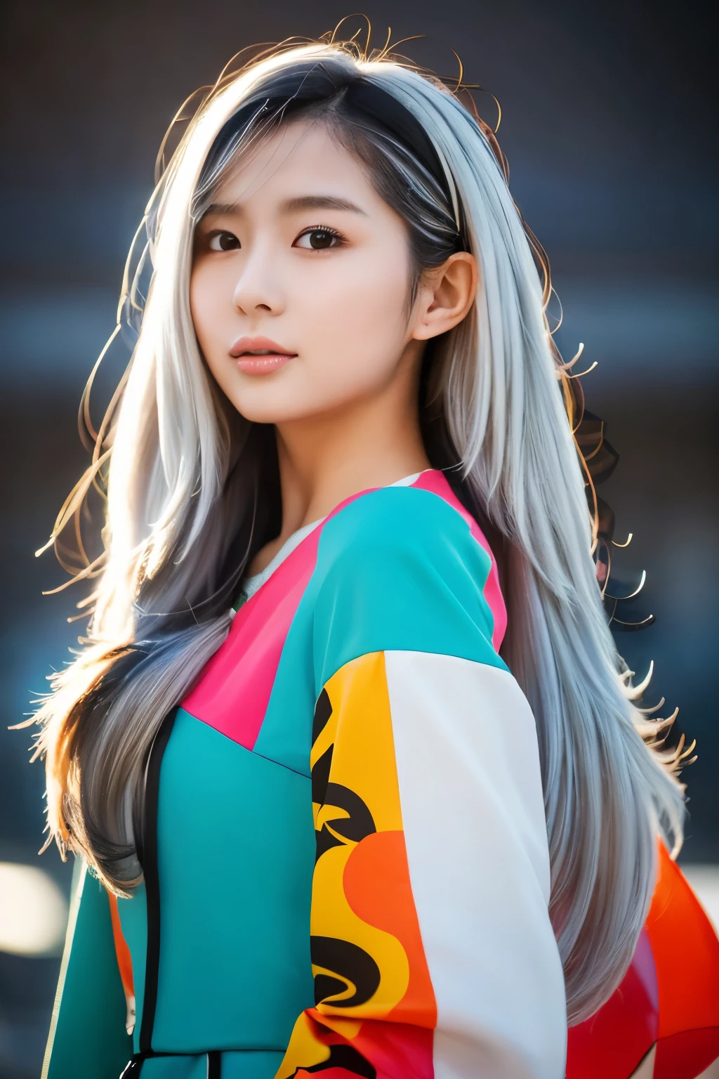 Masterpiece, high quality, high resolution, 8K, (solo:1.2), ((1girl)), Japanese woman, detailed face, detailed eyes, correct body structure, upper body, ((White hair:1.2)), very long hair, messy hair, slender body, seductive silhouette, luminous bones, depth of field, dark photo at nighttime, dimly lit, bangs, Cinematic Lighting, Tyndall effect, abstract background, futuristic outfits, vibrant colors, modern style, wide sleeves, artistic, unique patterns, colorful, stylish, trendy