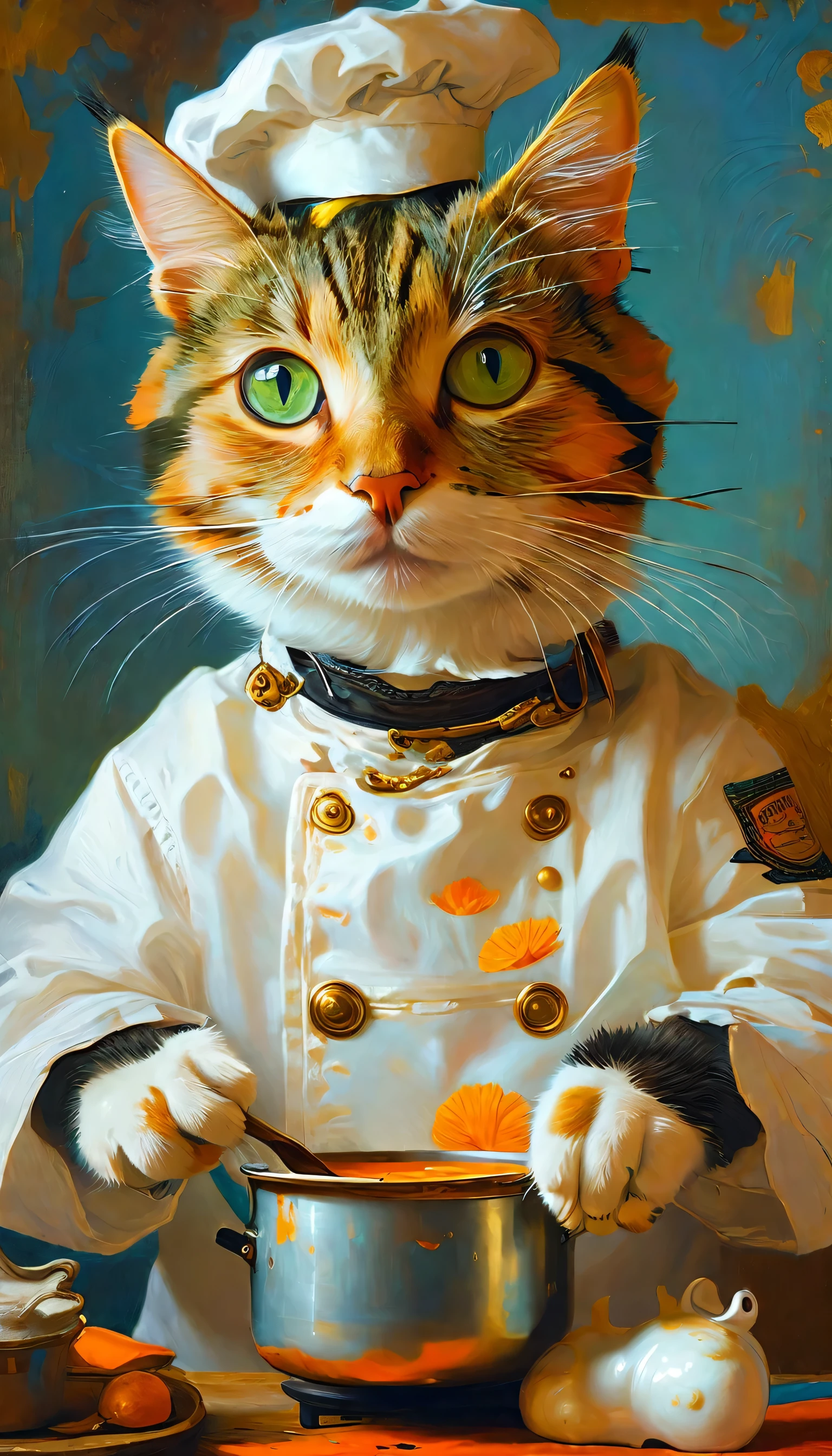 painting of a Cat dressed as a chef with a pot and pan, steampunk Cat, the Cat cooks soup, astronaut Cat, anthropomorphic Cat, Inspired by Jean-Léon Gerome, adorable number, Surrealist Concept Art, in a painting of a Cat, Cat. number, highly realistic concept art, Surrealist Concept Art