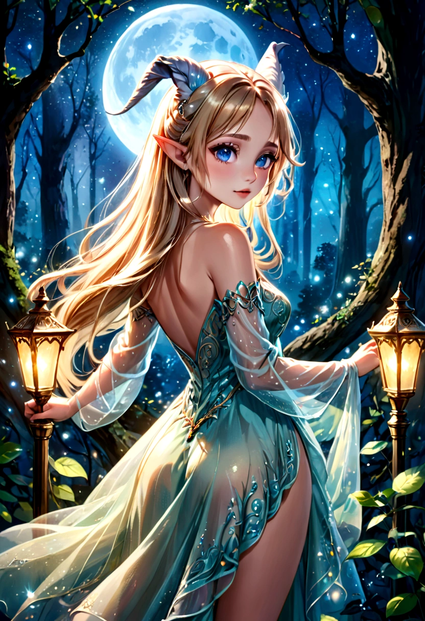 (best quality,4k,highres,masterpiece:1.2),ultra-detailed,realistic,enchanted forest,ethereal beauty with elven features, glowing moonlit scene,translucent ornate dress,tosses her hair back,graceful and elegant movements,elven features,sparkling eyes,pointed ears,delicate and intricate patterns on the dress,whimsical and magical atmosphere,soft and delicate color palette,gentle and mystical lighting