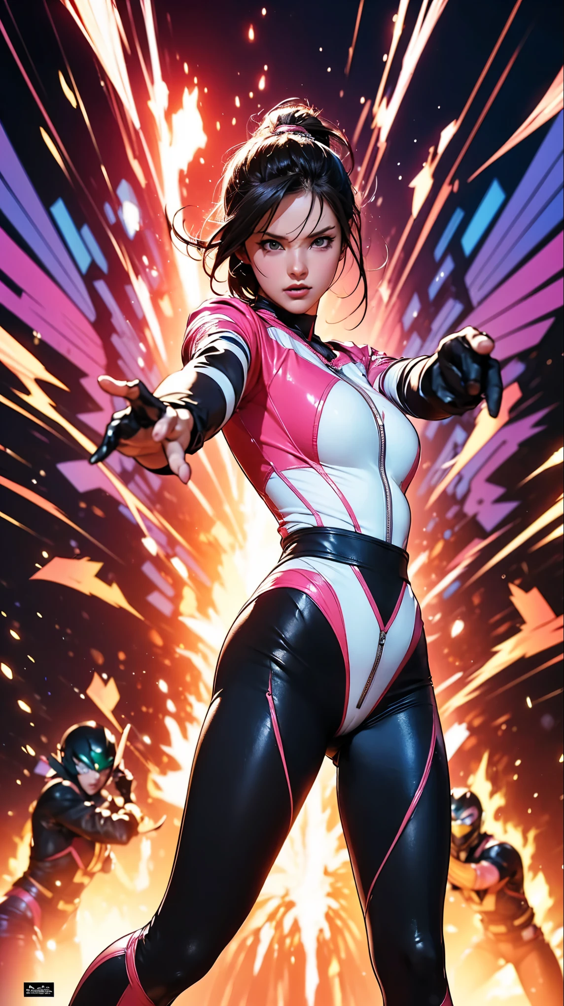 Solo, A brave and courageous image of a 6 member ranger team, Each one is decorated in vibrant colors such as:: ((Pink)), red is front of center, violet, Green, yellow, blue black, white,. Dynamic poses in a background that exudes energy and courage, neon, fire, plasma, Fluorescent, shocking, pink big bomber, splashing pink, running, fighting pose, action pose, Embodying the essence of the classic Sentai superhero team. Each Ranger:: The attire is sophisticated and modern, Each color has elements that reflect its theme., Ready for action. ((Camel Toe)), weapons, in sunset background , in cinematic lighting, cover art mixed cinema poster style,