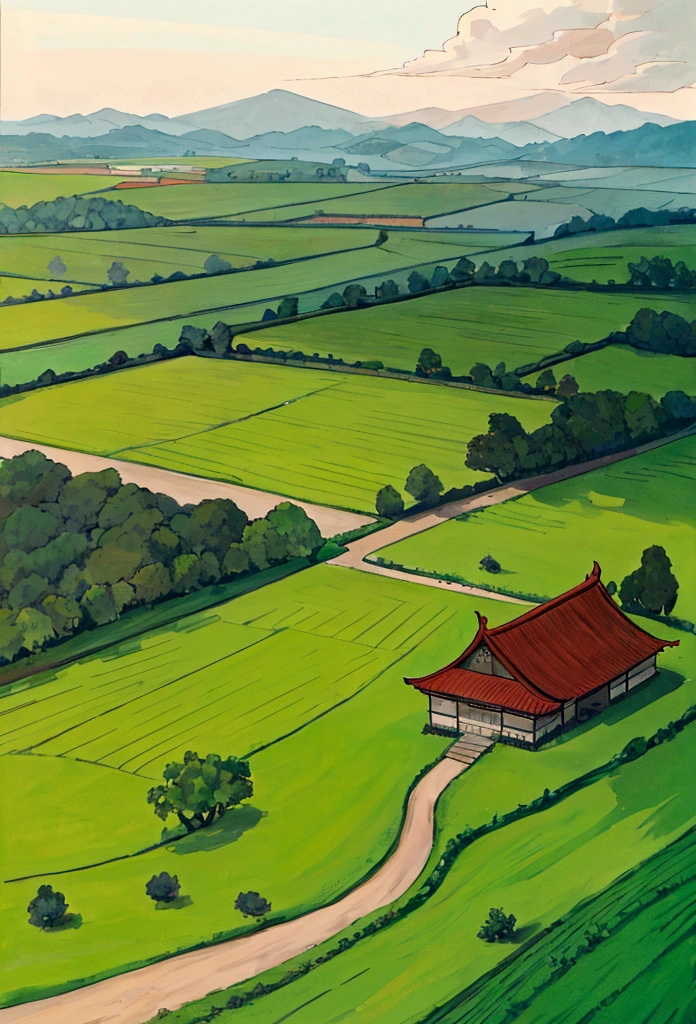 On a picturesque plain (with distant mountains faintly visible), thatched cottages were neatly arranged in orderly rows. Surrounding them were fertile farmlands, shimmering beautiful ponds, and groves of mulberry trees and bamboo. Crisscrossing rural paths traversed the fields, and in the crisp morning air, faint sounds of roosters crowing and dogs barking could be heard, adding to the serene and warm atmosphere. People in Qin Dynasty attire worked in the fields, depicting a panoramic view emphasizing the scenic environment.