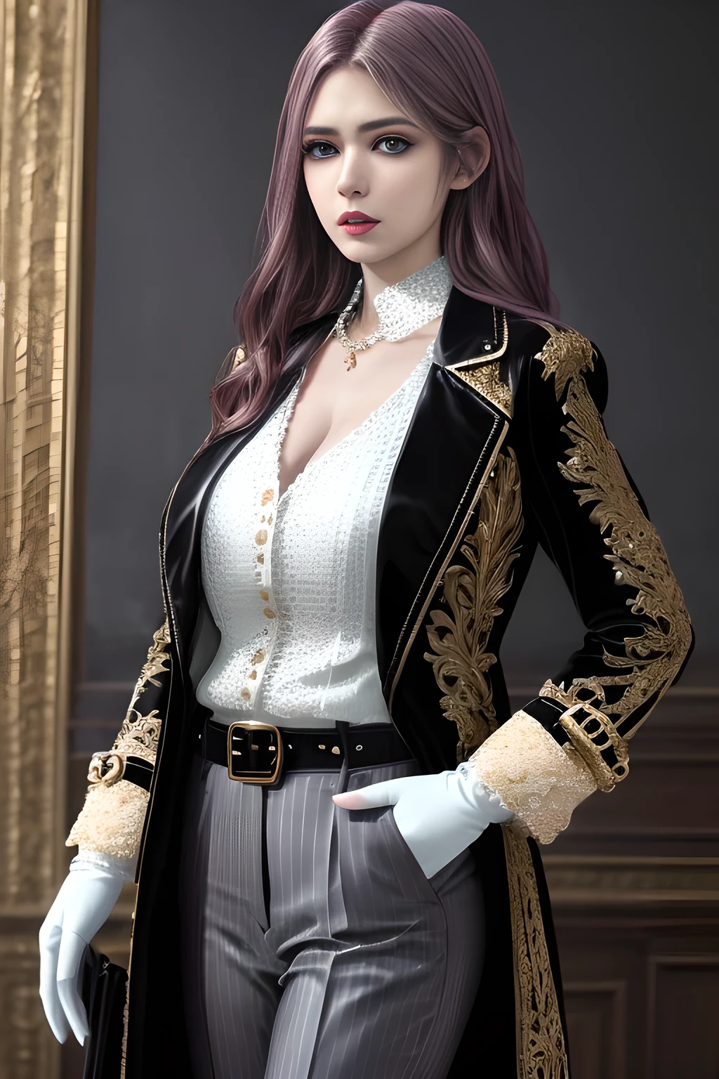 1girl,Wearing an elegant and fashionable suit. He is wearing a long white trench coat, and the buttons and belt design of the trench coat add a touch of classicism. He is wearing a dark striped suit, including a suit jacket and pants, and black gloves on his hands,, beautiful detailed eyes, beautiful detailed lips, extremely detailed eyes and face, long eyelashes, best quality, 4k, 8k, highres, masterpiece, ultra-detailed, realistic, photorealistic, photo-realistic, ethereal glow, regal elegance, intricate details, luxurious, otherworldly beauty, dark atmospheric background, supernatural aura, elise,