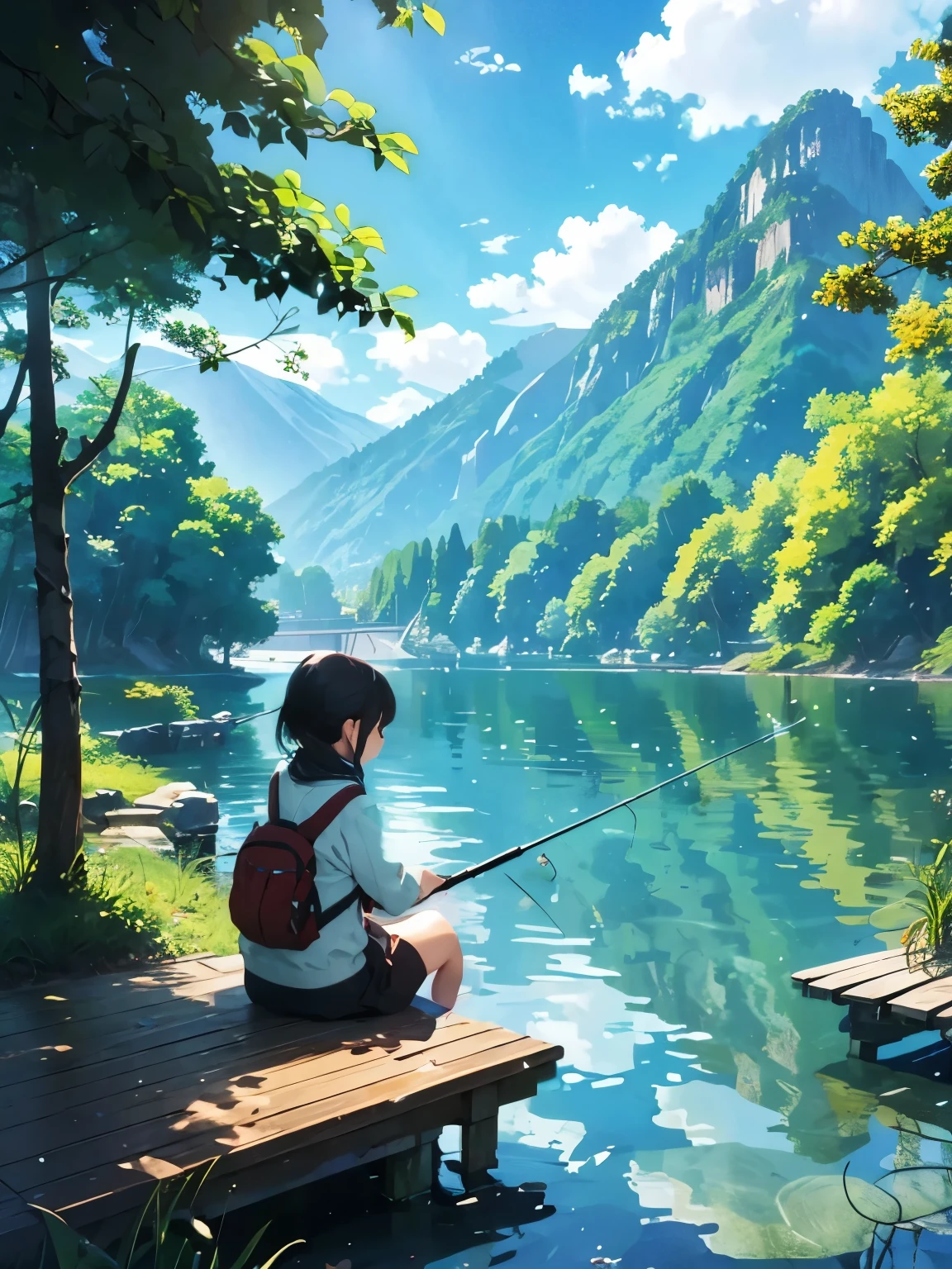 Woman fishing alone on a lake、Long fishing rod、Daytime、Sit by the lake、I'm a little 、Wearing a hoodie、summer、Crystal clear water