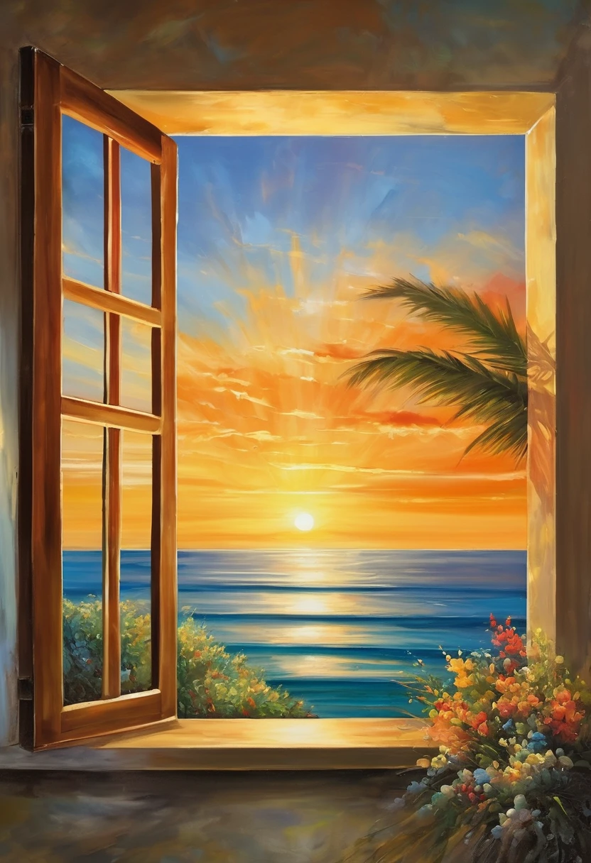 An oil painting,Great view from the window,sunrise,Ocean,horizon,peaceful,