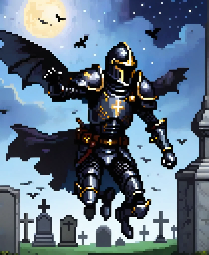 gothic black knight injured fly into the air, leaping towards viewer, leaping, Floating in mid-air, ascending to the Sky, jumping towards viewer, to the night sky in a cemetery