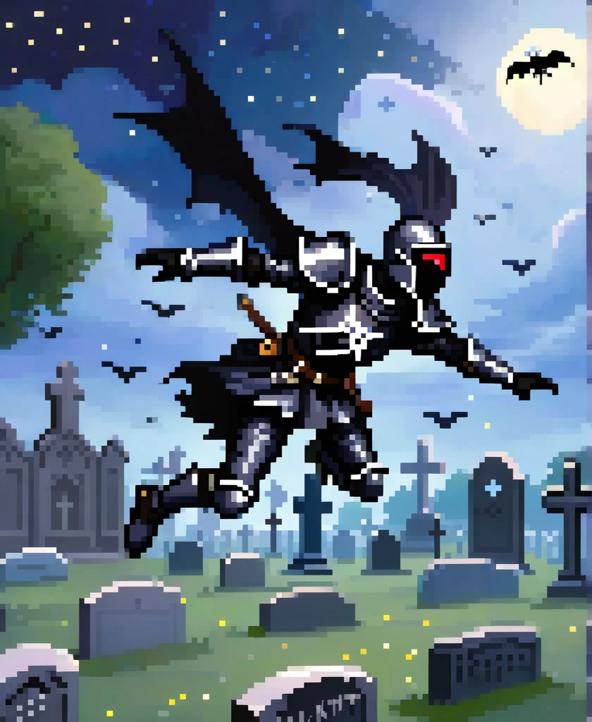 gothic black knight injured fly into the air, leaping towards viewer, leaping, Floating in mid-air, ascending to the Sky, jumping towards viewer, to the night sky in a cemetery
