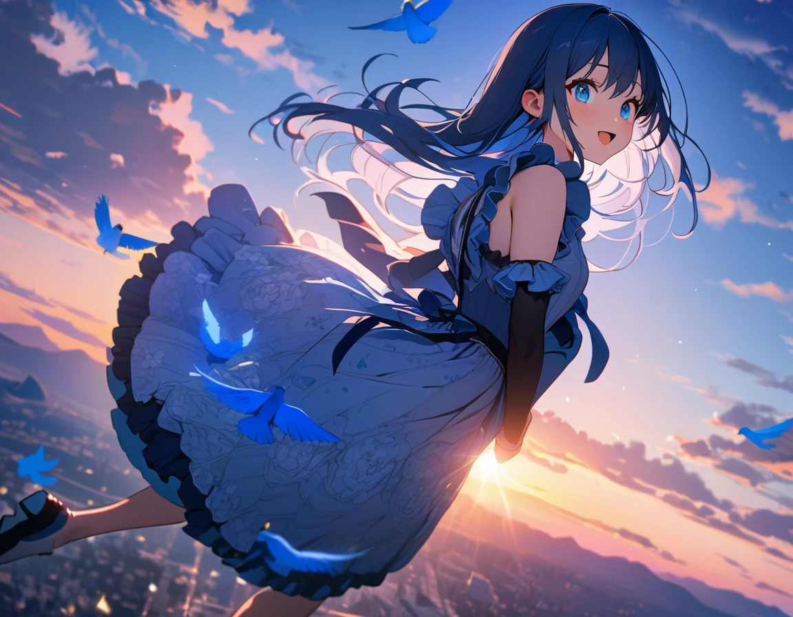 (8K, best quality, master piece: 1.2), super high resolution,1girl,,Sole,Girl riding on a bird,the girl is walking in the air straddling and riding on a large blue bird,ultra-detailed face,beautiful detailed eyes, luscious eyes,extra long hair,straight hair,blue hair,smile,open mouth,Wearing floral pattern blue ruffle dress,((The blue bird is big and graceful and carrying a dwarf girl on its back)),above the sky,Twilight Rays,Blue sky,aerial shot