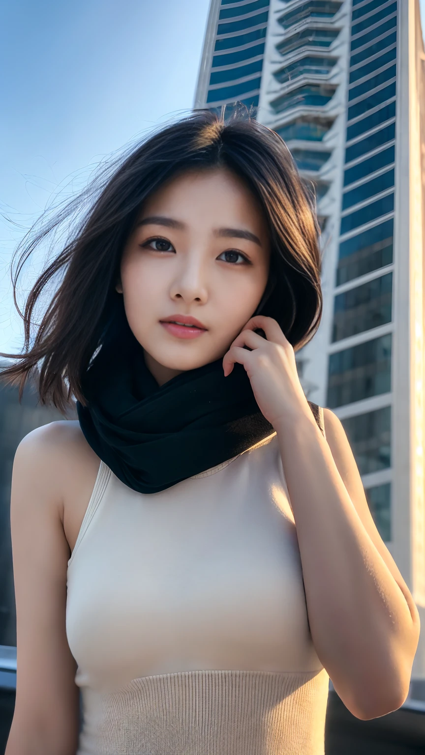 masterpiece,best quality,ultra detailed,highres,high-resolution,4K,realistic,RAW photo,((real person)),portrait photography,photorealistic,detailed skin,(delicate black eyes ), A soothing woman with sagging eyes,Calm and calm, middle hair,skinny,clothing,The wind is blowing,tareme、Standing on the edge of a rooftop of a skyscraper, a woman resembling a goddess, draped in a scarf covering her chest and intimate area.、distance、Beautiful legsデコルテ、Beautiful legs
