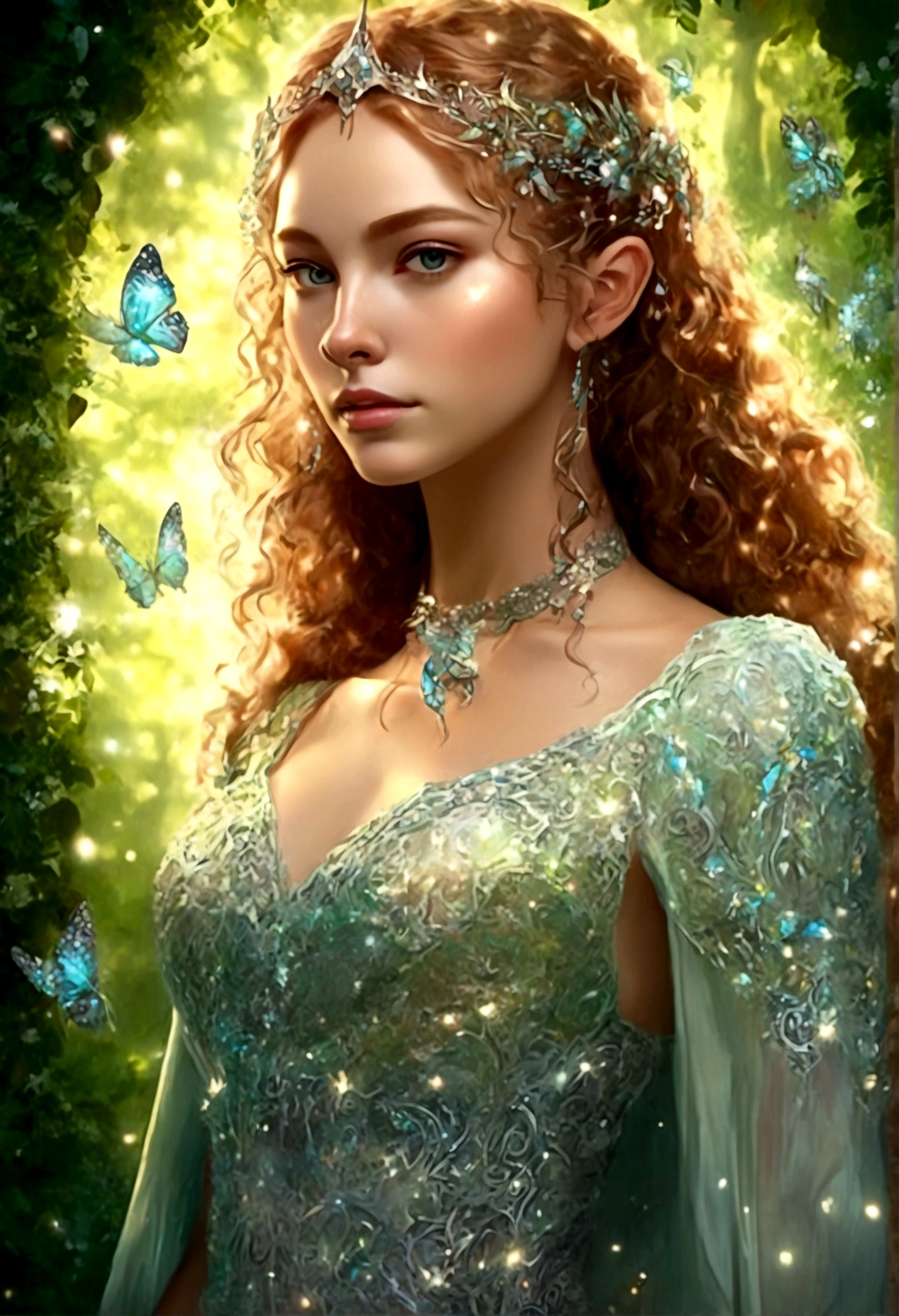 (best quality,4k,highres,masterpiece:1.2),ultra-detailed,realistic,enchanted forest,ethereal beauty with elven features, glowing moonlit scene,translucent ornate dress,tosses her hair back,graceful and elegant movements,elven features,sparkling eyes,pointed ears,delicate and intricate patterns on the dress,whimsical and magical atmosphere,soft and delicate color palette,gentle and mystical lighting
