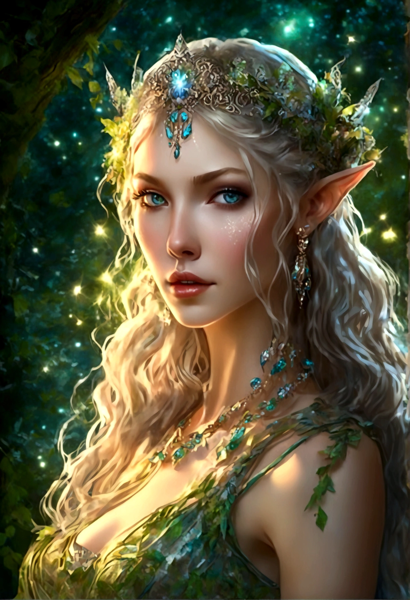 (best quality,4k,highres,masterpiece:1.2),ultra-detailed,realistic,enchanted forest,ethereal beauty with elven features, glowing moonlit scene,translucent ornate dress,tosses her hair back,graceful and elegant movements,elven features,sparkling eyes,pointed ears,delicate and intricate patterns on the dress,whimsical and magical atmosphere,soft and delicate color palette,gentle and mystical lighting