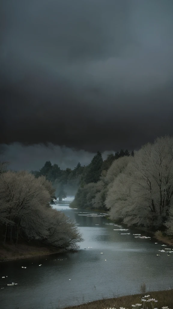 masterpiece of materpieces, PHOTOREALITIC, DENSE MIST. Smokey skies cast eerie light in the Anthropocene on a lake surrounded by cherry blossom trees, snow falling, pink dandelions covered in snow in enchanted forest, heavy mist and fog over the lake, fairy tale vibes, petals floating, dreamy looking, Sun burning like fire. Stars on the sky. Field filled with white flowers. PHOTOREALISTIC and cinematic. Nikon Z9
