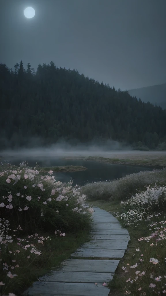 masterpiece of materpieces, PHOTOREALITIC, DENSE MIST. Smokey skies cast eerie light in the Anthropocene on a lake surrounded by cherry blossom trees, snow falling, pink dandelions covered in snow in enchanted forest, heavy mist and fog over the lake, fairy tale vibes, petals floating, dreamy looking, Sun burning like fire. Stars on the sky. Field filled with white flowers. PHOTOREALISTIC and cinematic. Nikon Z9