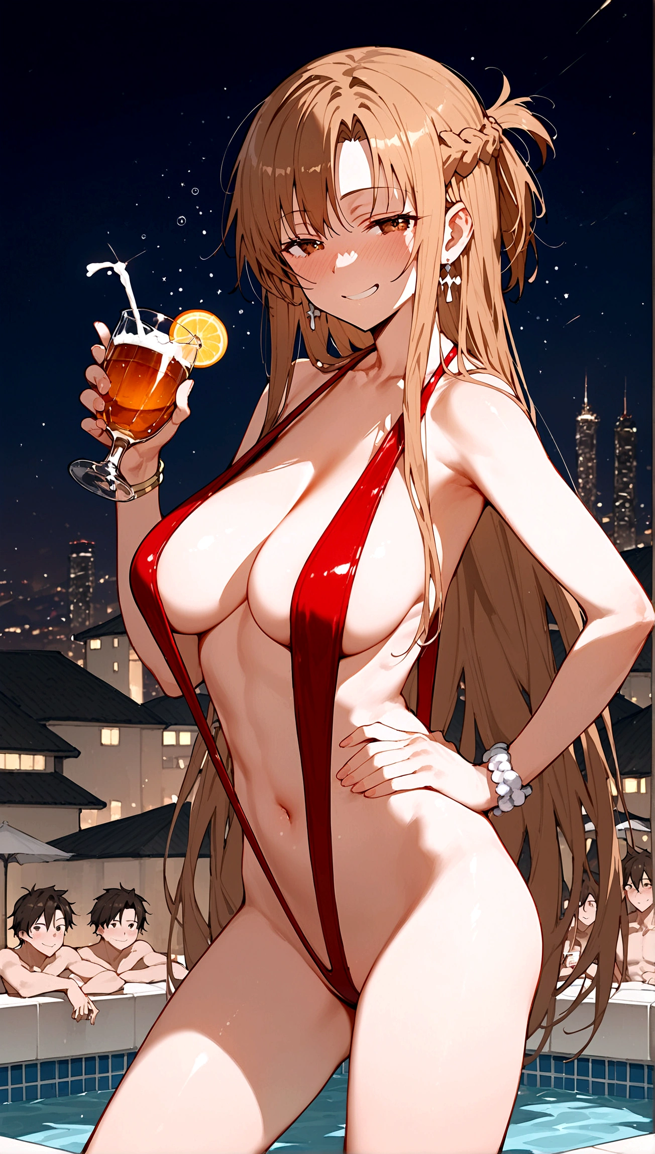 score_9,score_8_up,score_7_up,18 year old,female focus,1girl,asuna \(sao-alo\), sword art online,yuuki asuna,nsfw,brown eyes, brown hair, long hair, bangs, braid,standing,legs lift,hand on hip, holding cup,drunk-smirk,blush,large breasts,brown hair,parted hair,long hair,red Slingshot swimsuit,plunging neckline,center opening,cleavage,navel,earrings,bracelet,roof pool-party,cityscape,night,multiple-people,surrounding by 5 boys(strong men),