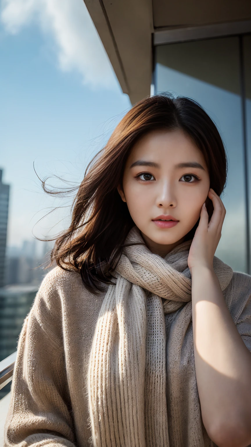 masterpiece,best quality,ultra detailed,highres,high-resolution,4k,realistic,RAW photo,((real person)),portrait photography,photorealistic,detailed skin,(delicate black eyes ), A soothing woman with sagging eyes,Calm and calm, middle hair,skinny,clothing,The wind is blowing,tareme、Standing on the edge of a rooftop of a skyscraper, a woman resembling a goddess, draped in a scarf covering her chest and intimate area.