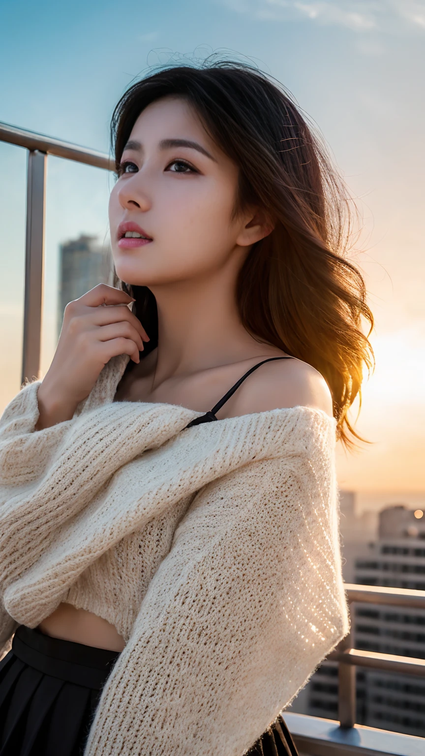 masterpiece,best quality,ultra detailed,highres,high-resolution,4k,realistic,RAW photo,((real person)),portrait photography,photorealistic,detailed skin,(delicate black eyes ), A soothing woman with sagging eyes,Calm and calm, middle hair,skinny,clothing,The wind is blowing,tareme、Standing on the edge of a rooftop of a skyscraper, a woman resembling a goddess, draped in a scarf covering her chest and intimate area.