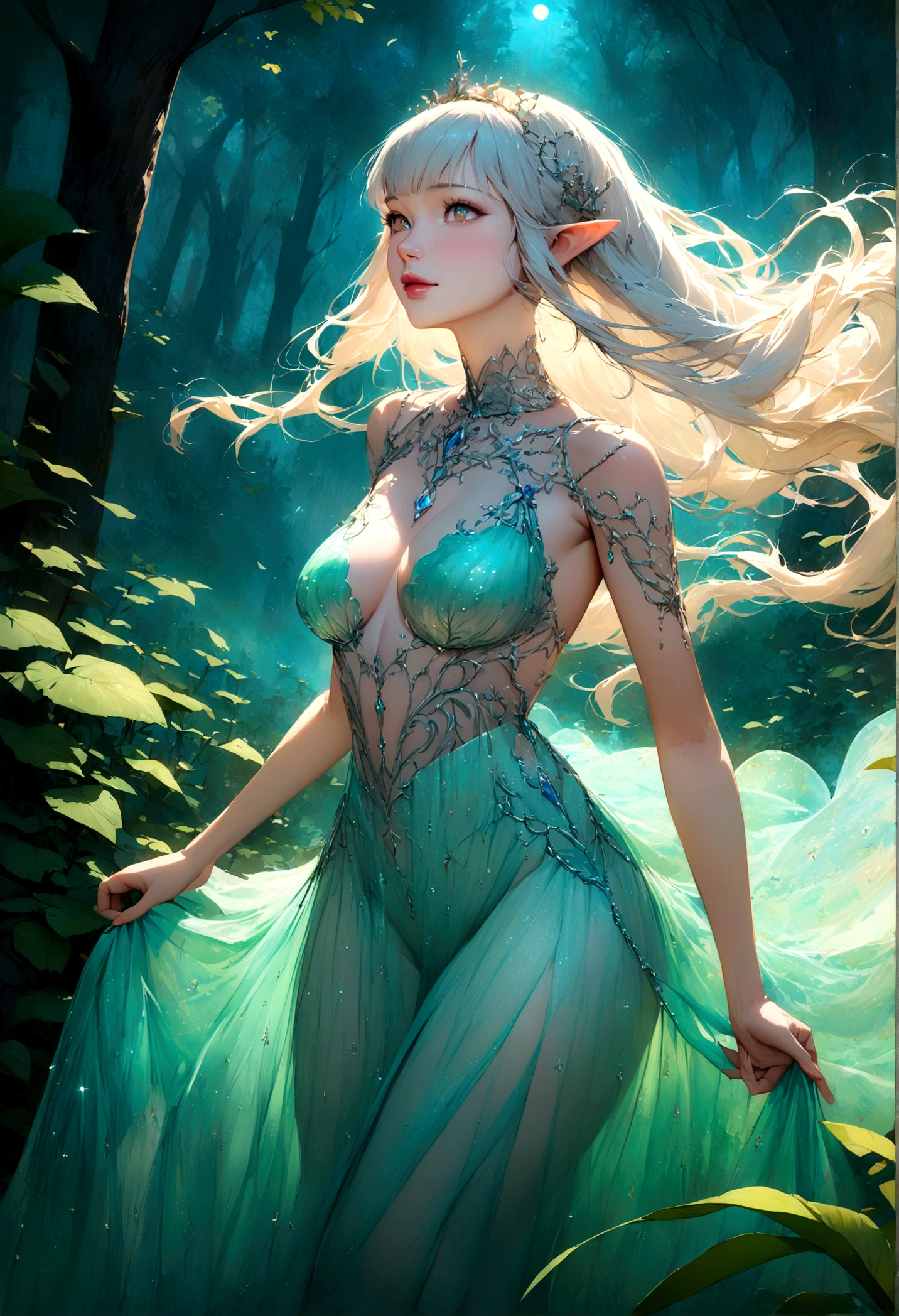 (best quality,4k,highres,masterpiece:1.2),ultra-detailed,realistic,enchanted forest,ethereal beauty with elven features, glowing moonlit scene,translucent ornate dress,tosses her hair back,graceful and elegant movements,elven features,sparkling eyes,pointed ears,delicate and intricate patterns on the dress,whimsical and magical atmosphere,soft and delicate color palette,gentle and mystical lighting
