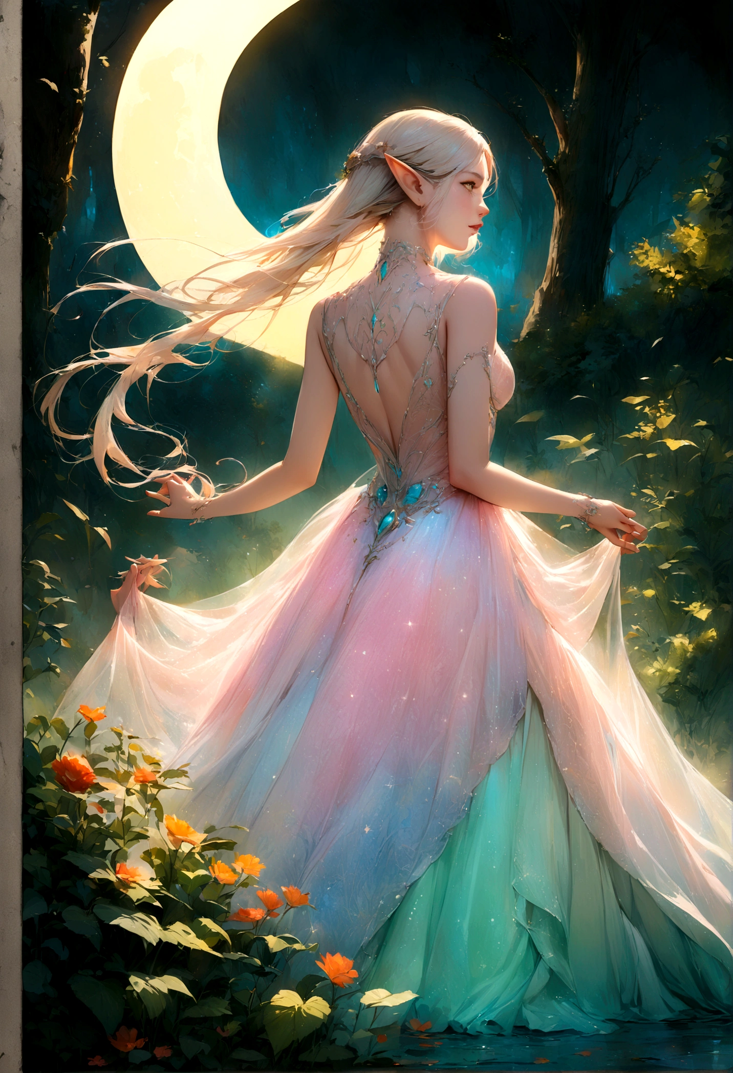 (best quality,4k,highres,masterpiece:1.2),ultra-detailed,realistic,enchanted forest,ethereal beauty with elven features, glowing moonlit scene,translucent ornate dress,tosses her hair back,graceful and elegant movements,elven features,sparkling eyes,pointed ears,delicate and intricate patterns on the dress,whimsical and magical atmosphere,soft and delicate color palette,gentle and mystical lighting