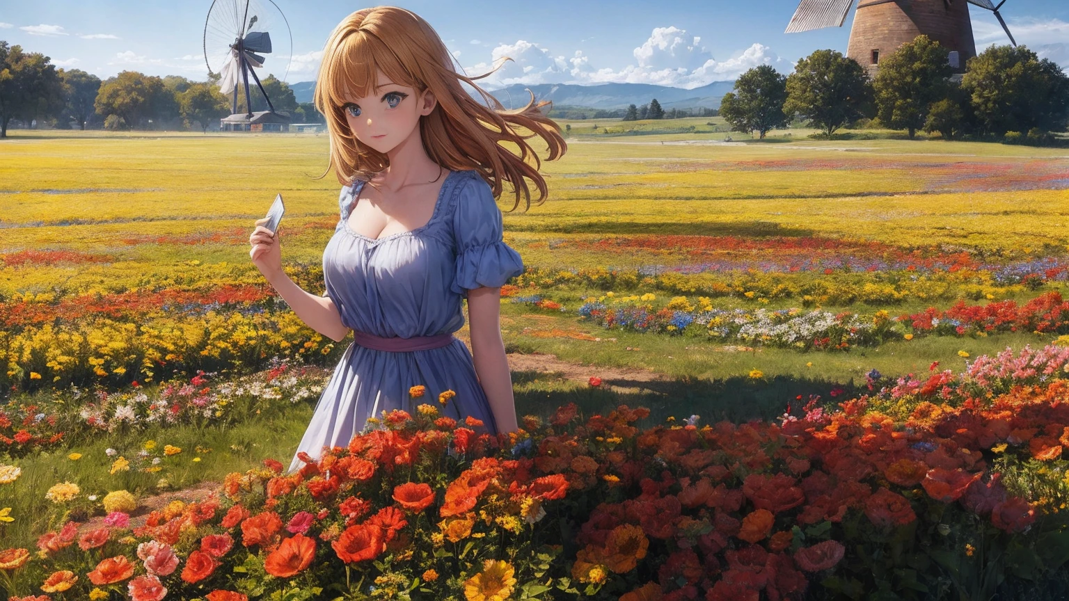 European girl, blueeyes, short sundress, skinny, showing cleavage, ginger hair, freckled face, standing in a colourful flower field(Blue, Red, Yellow flowers), looking at camera, a wooden windmill in the distance, mid-day, bright, windy, high quality photo, photo realistic, extremely detailed, highly detailed face, ultra HD, film shader
