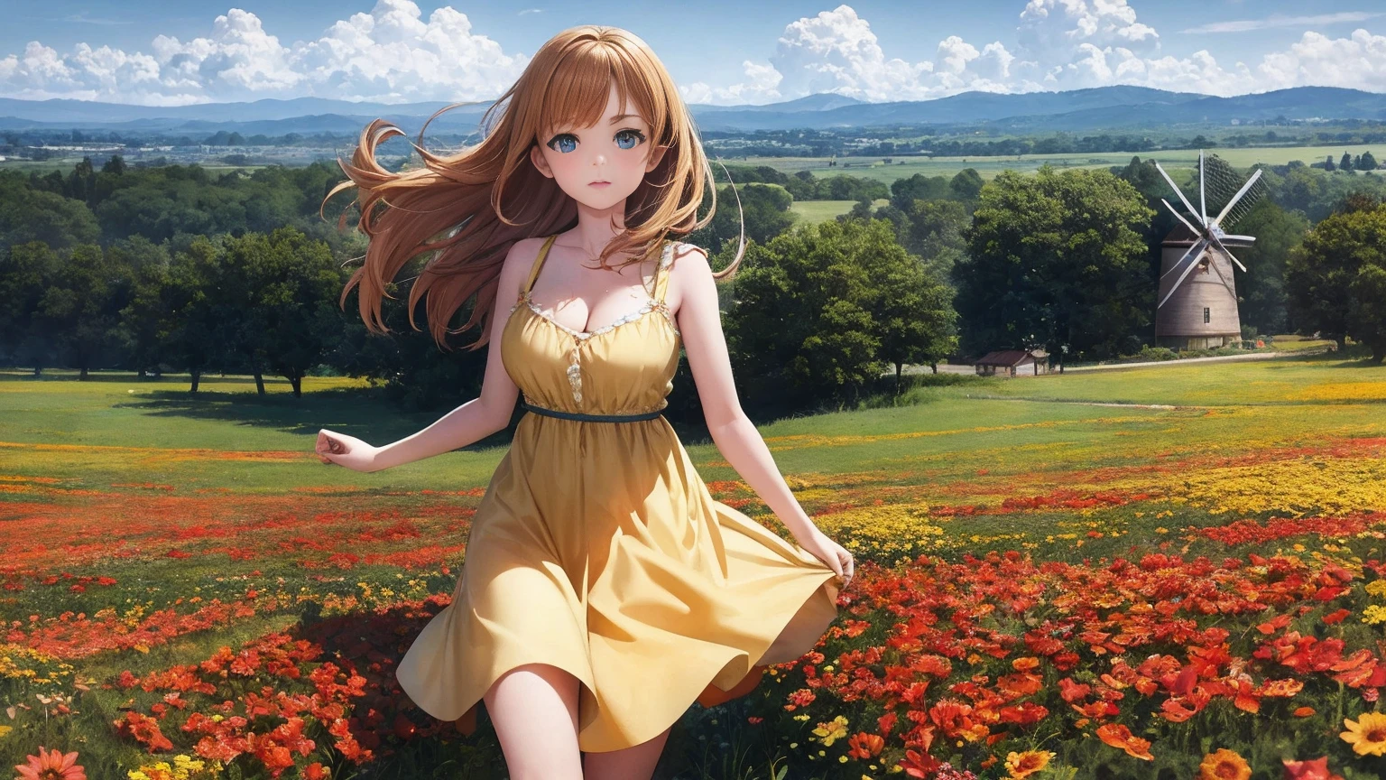 European girl, blueeyes, short sundress, skinny, showing cleavage, ginger hair, freckled face, standing in a colourful flower field(Blue, Red, Yellow flowers), looking at camera, a wooden windmill in the distance, mid-day, bright, windy, high quality photo, photo realistic, extremely detailed, highly detailed face, ultra HD, film shader