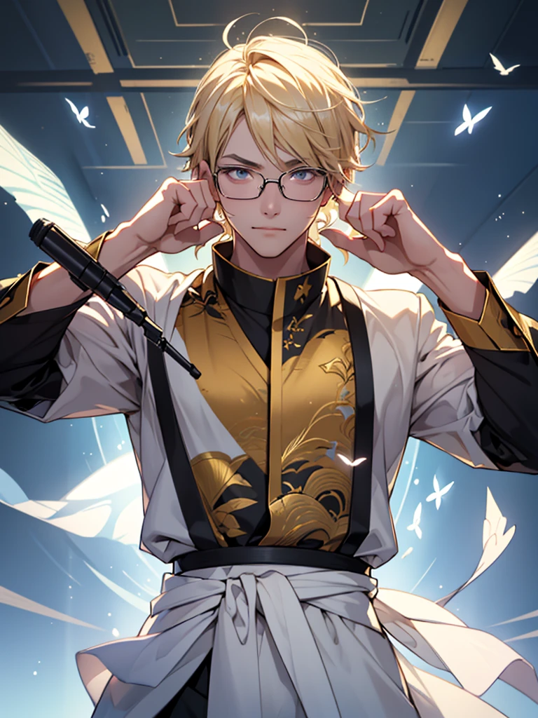 High quality,beautyな背景,detailed,masterpiece,beauty,1 person,Adult male,Up to the waist,Idol,Cute Men,Handsome,Idol衣装,Fluttering,Lots of cloth,Rimless glasses,笑face,Idolのステージ上に立つ,Live,Hold the microphone, 
((((perfection_face))),Wink,(Beautiful lighting:1.3),Dynamic Lighting,Dynamic Pose,Active,Platinum Blonde,Standing pose,Golden Ratio