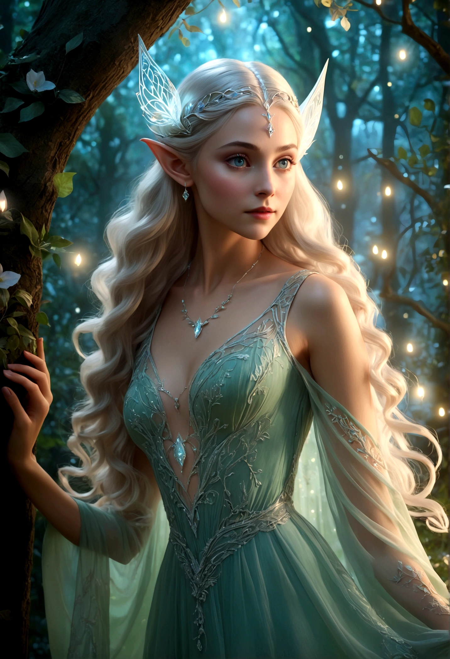 (best quality,4k,highres,masterpiece:1.2),ultra-detailed,realistic,enchanted forest,ethereal beauty with elven features, glowing moonlit scene,translucent ornate dress,tosses her hair back,graceful and elegant movements,elven features,sparkling eyes,pointed ears,delicate and intricate patterns on the dress,whimsical and magical atmosphere,soft and delicate color palette,gentle and mystical lighting