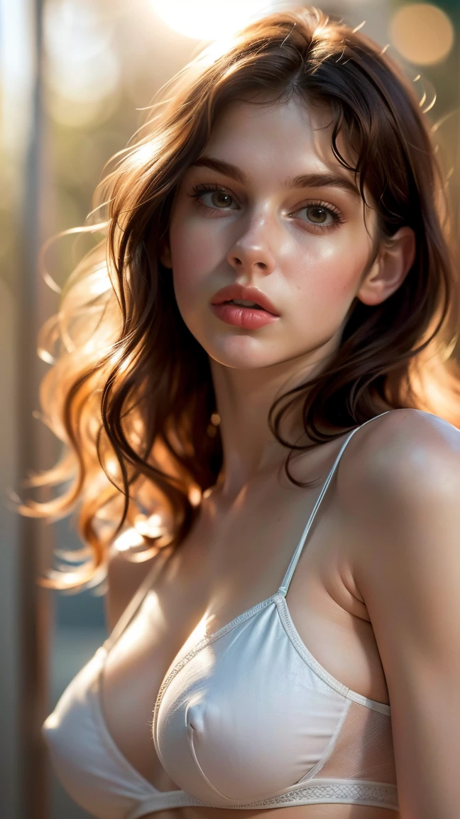(((ultra realistic))) Photo, Masterpiece, Superior quality, (pale skin), (ultra detailed face and eyes.:1.3), 1 girl, adult, on a t-shirt, (eye makeup, mask) , ((big detailed lips)), ((ash wavy hair)), ((Chiolka)) , (natural breasts), thin waist. ((posing)), Sesión de Photos, studio (soft lighting), (The game of lights and shadows), depth of field, bokeh, (Special attention to leather details.: 1.2), detailed leather texture, skin pores. (Airy frame environment.. Color range: delicate, bright, White, Pink tones), DR, ((film grain)), ((good heavens)), ((sun glare)), ((portrait from the waist up, close to the camera)) , ultra detialed, panties, whole body