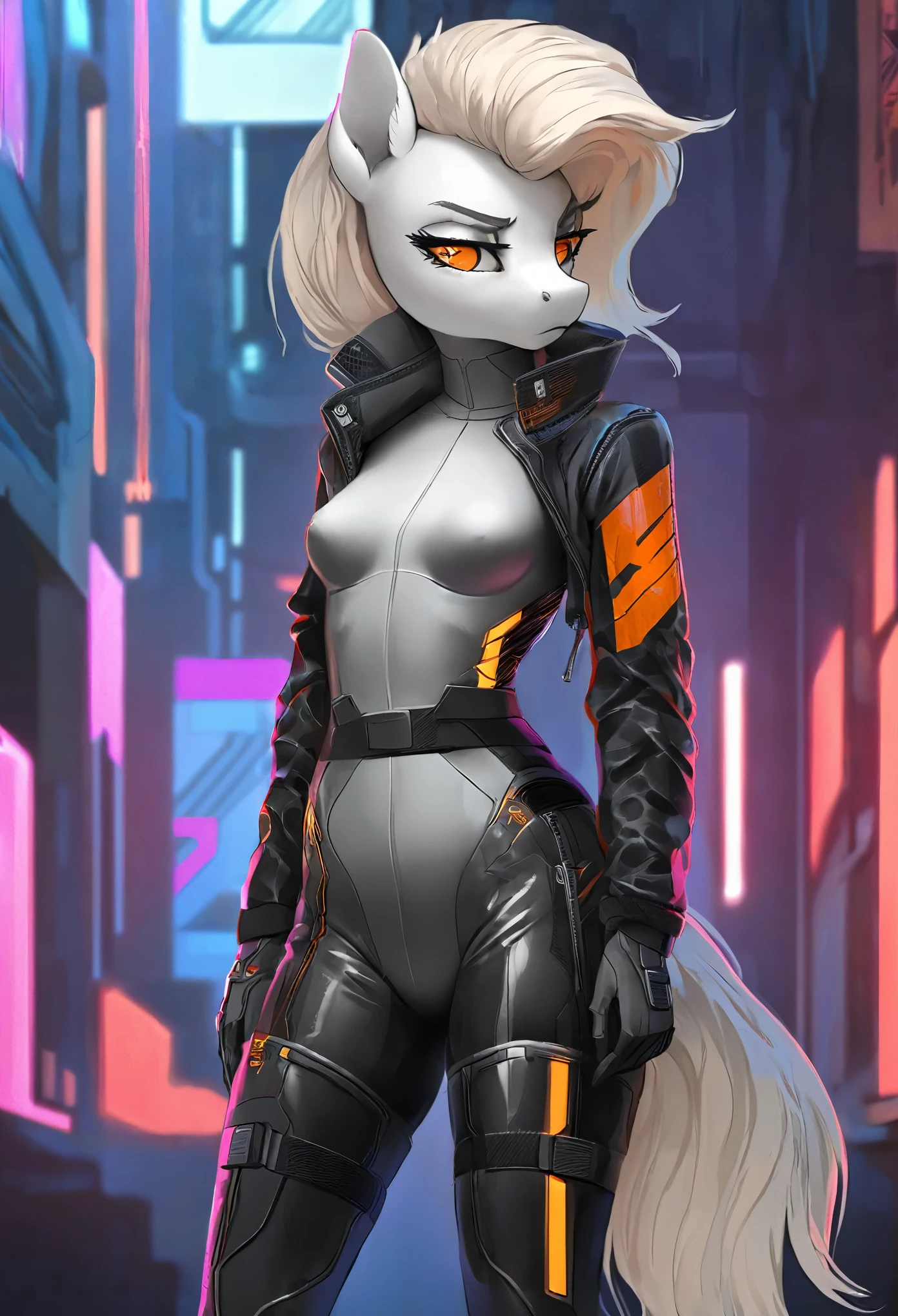 Dystopian, [sci-fi], High Detail RAW color Photo, Full Shot, rear angle, of (cute female arterial intelligence, wearing see-through white chemise), outdoors, standing, on overlook, looking out at sprawling cyberpunk city skyline), perfect face, seductive look, (cybernetic implants:1.2), (augmentations), (cyborg:1.1), silicone, metal, (highly detailed, fine details, intricate), (lens flare:0.5), (bloom:0.5), smog, dust, (badlands:0.8), (observitory:0.7), raytracing, specular lighting, shallow depth of field, photographed on a Sony Alpha 1, EF 85mm lens, f/2.8, hard focus, smooth, cinematic film still, [Cyberpunk:Orwelian:12], facing camera, canine, big breasts, hearts