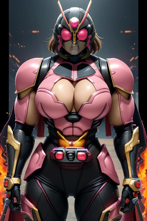 ((((Massive, beautiful, buff, muscular light brown skinned female kamen rider with shocking hair, black lipstick, ginormous bulky muscles, carrying a fire sword katana and wearing a gleaming pink kamen rider armored suit with pants)))), {close view}, black eyeliner, massive muscles, large breast, massive biceps, hyper muscle triceps, (angled bob cut), red eyes, kamen rider boots, (In a dilapidated city), (kamen rider armor), (cape) nighttime, closed smile, hyper muscles arms, hyper muscle legs, ginormous arms