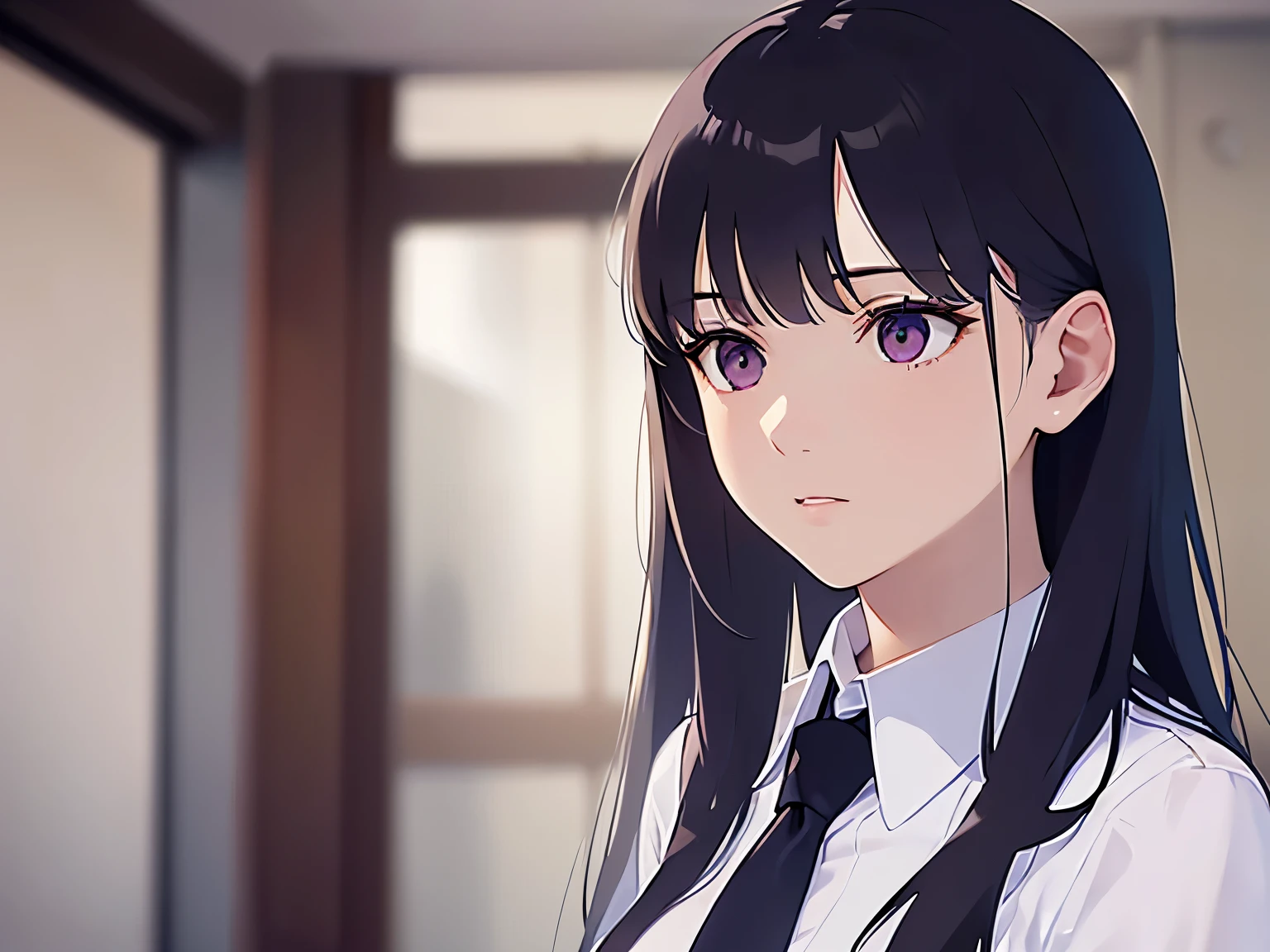 Detailed CG, Ultra-fine illustrations,masterpiece,Highest quality, AW Photos,Realistic,Upper Body,BREAK(White collared shirt:1.5)BREAK,(Pale skin:1.2),Glossy skin, shiny hair,(A 26-year-old woman with straight hair and bangs)and(Medium Hair)and(Black Hair)and(Purple eyes),(expressionless:1.5),(Biologically correct five fingers)and(missing fingers),The background is the company lobby.,Upper Body,alone,Side angle,(looking away:1.5)